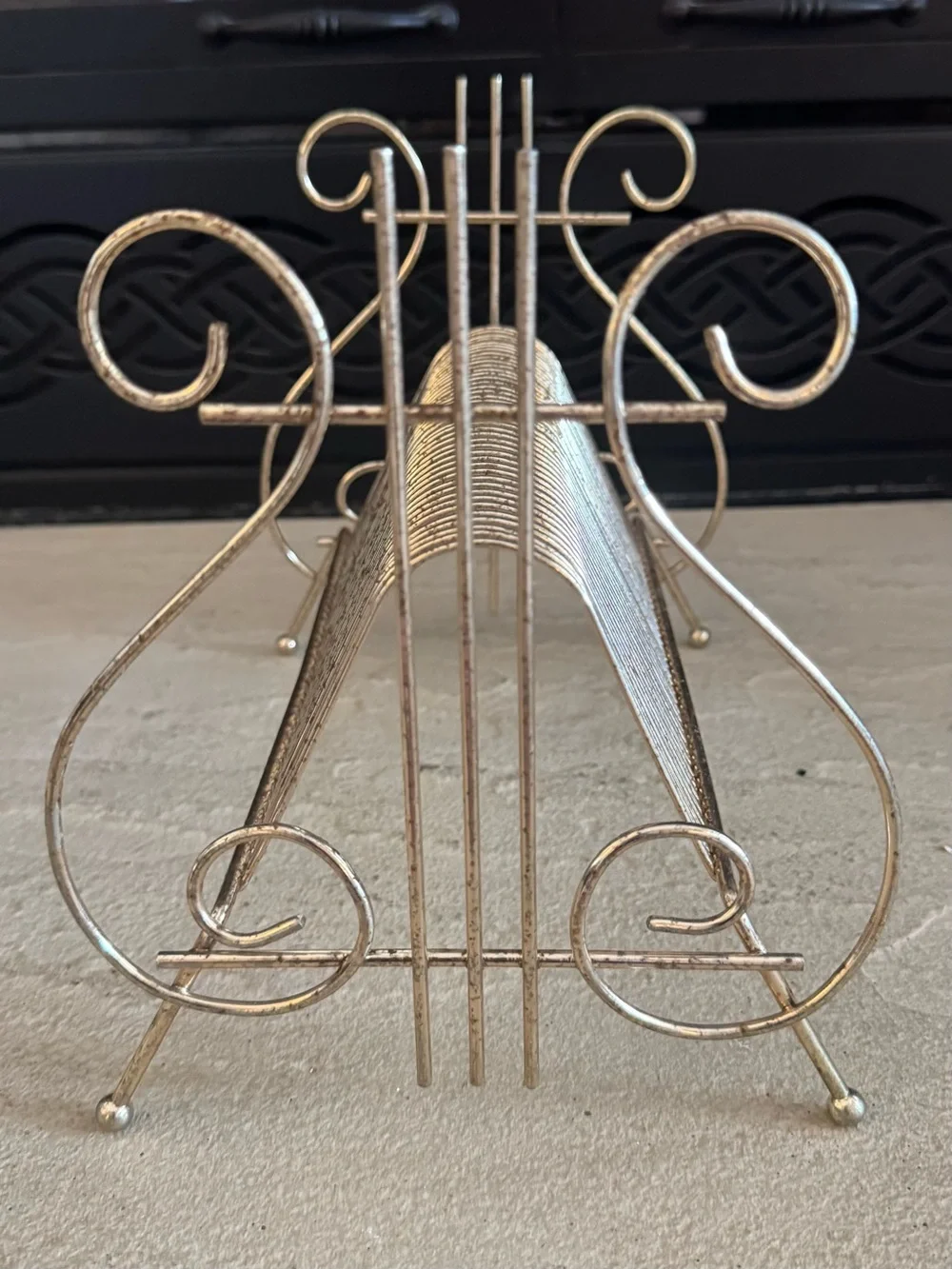 Vintage Ornate Metal 45 Record Storage Rack in Antique Gold Tone